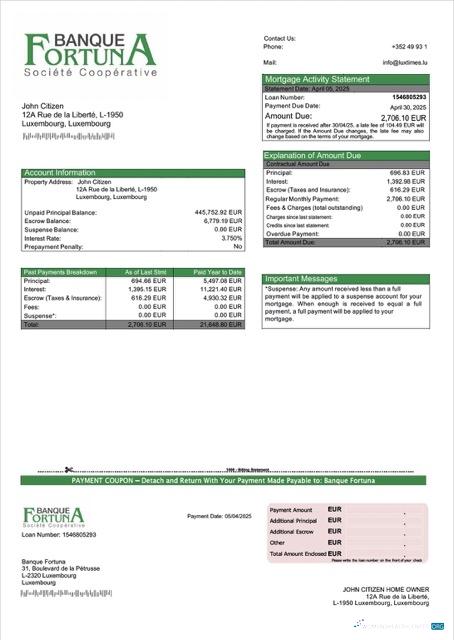 Download Luxembourg Banque Fortuna mortgage statement Word and PDF template Photoshop template